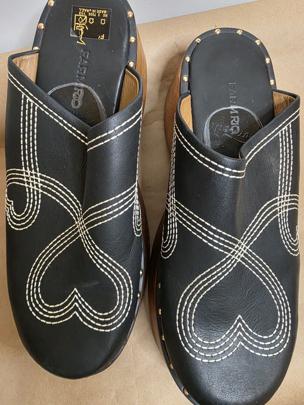 FARM Rio Black Leather Studded Clogs with White Stitching - Picture 2 of 5